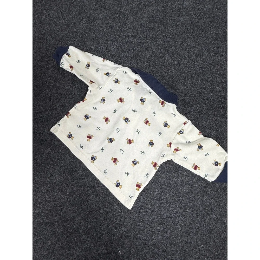 Ralph Lauren Polo Shirt Baby Boys 3-6M Cream Navy Blue Polo Bear Long Sleeve‎
